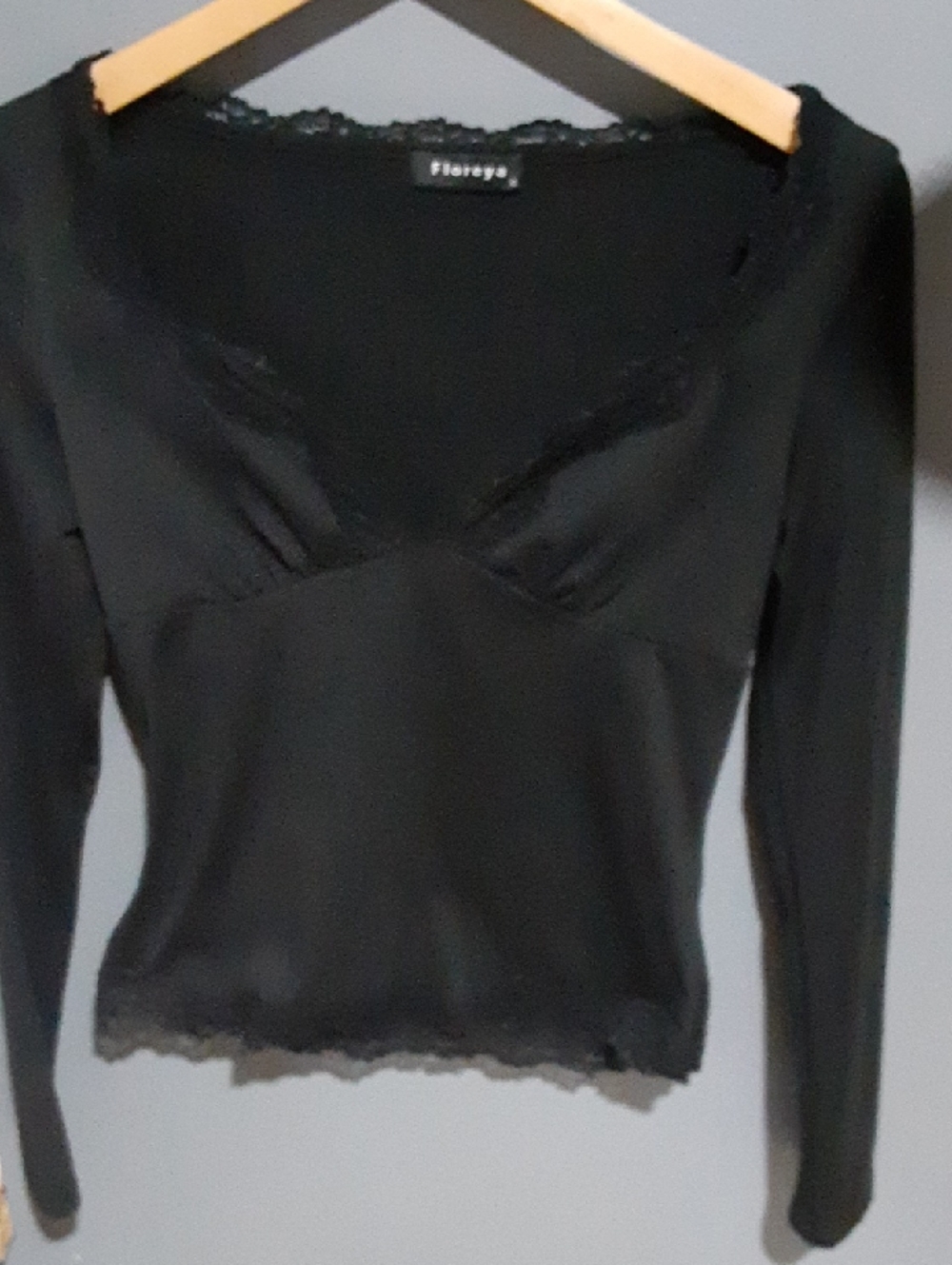 Black Lace-Trim Long Sleeve Women's Top